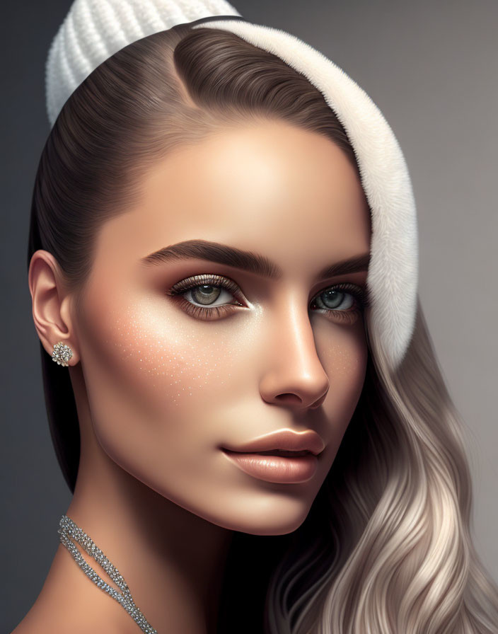 Portrait of woman with blue eyes, wavy hair, makeup, earrings & headband