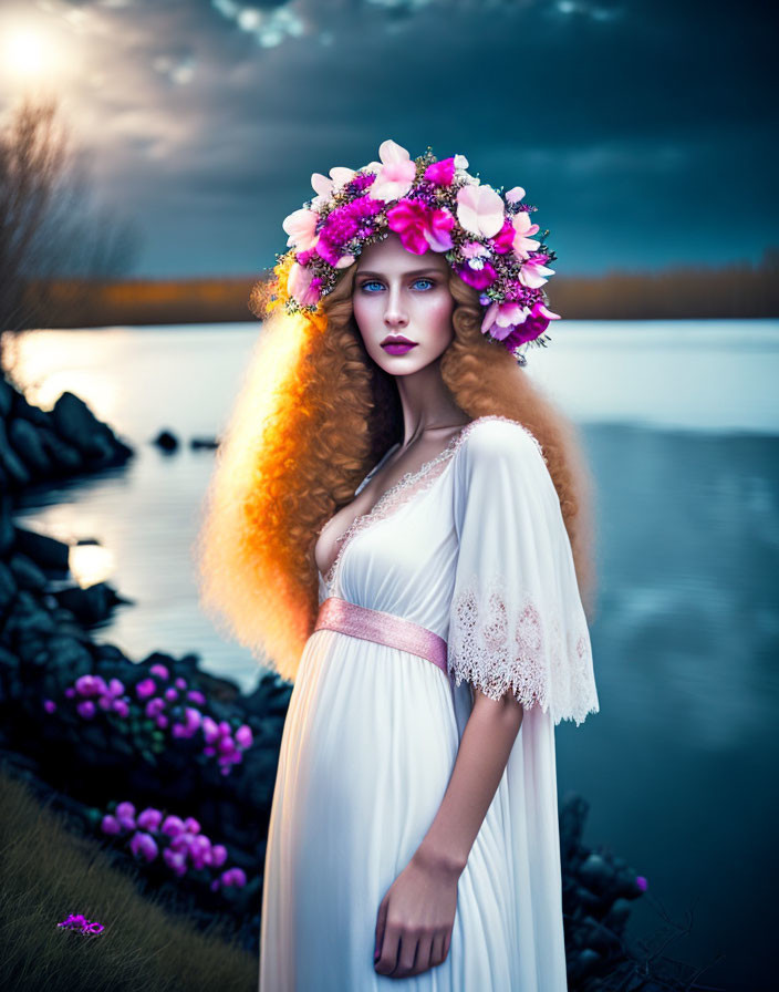 Curly Red-Haired Woman in Floral Crown by Lake at Dusk
