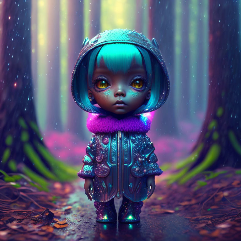 Stylized doll in futuristic outfit in enchanted forest with pink foliage