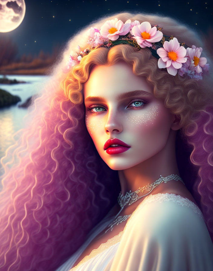 Woman with Voluminous Curly Hair & Floral Crown under Full Moon