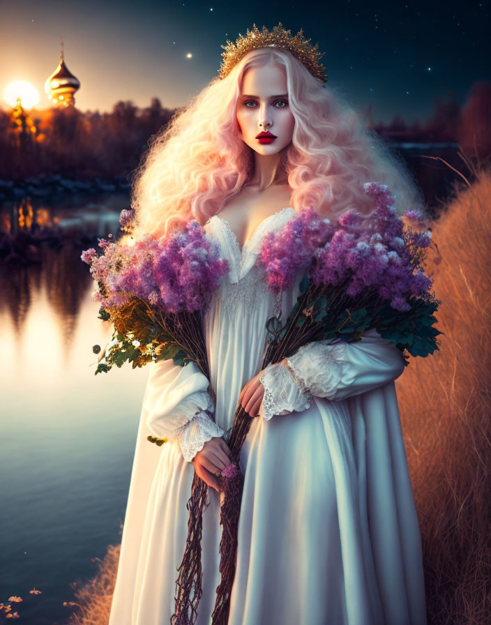Blond person in white dress with golden crown by lake at dusk