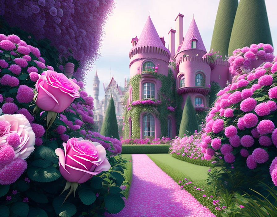 Pink castle surrounded by lush gardens and vibrant blooms for a fairy-tale setting