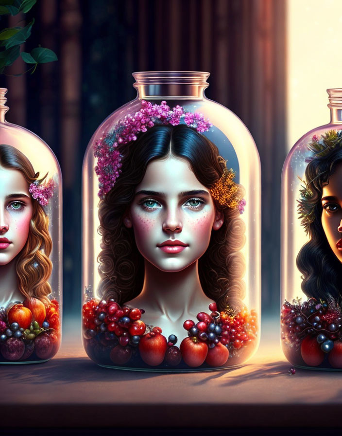 Artistic renditions of women's faces in jars with floral crowns and fruits against a forest backdrop