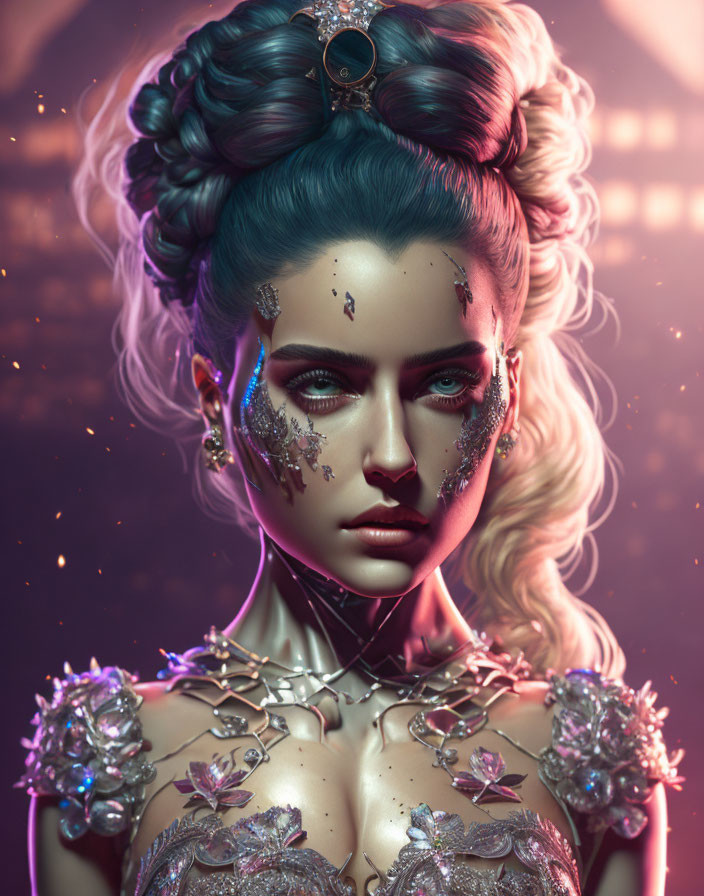 Blue-skinned woman with silver jewelry and elaborate hairstyle in digital portrait
