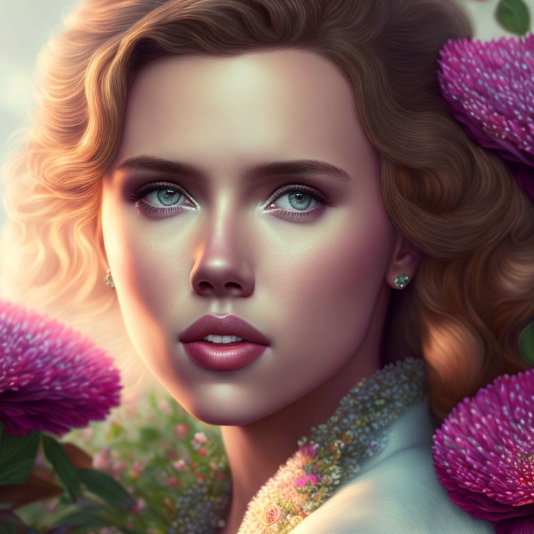 Detailed Portrait of Woman with Wavy Hair and Pink Flowers