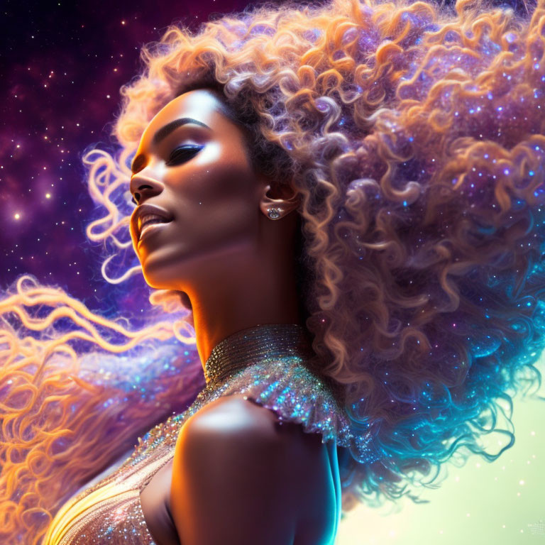 Voluminous Curly Hair in Cosmic Background with Vibrant Hues