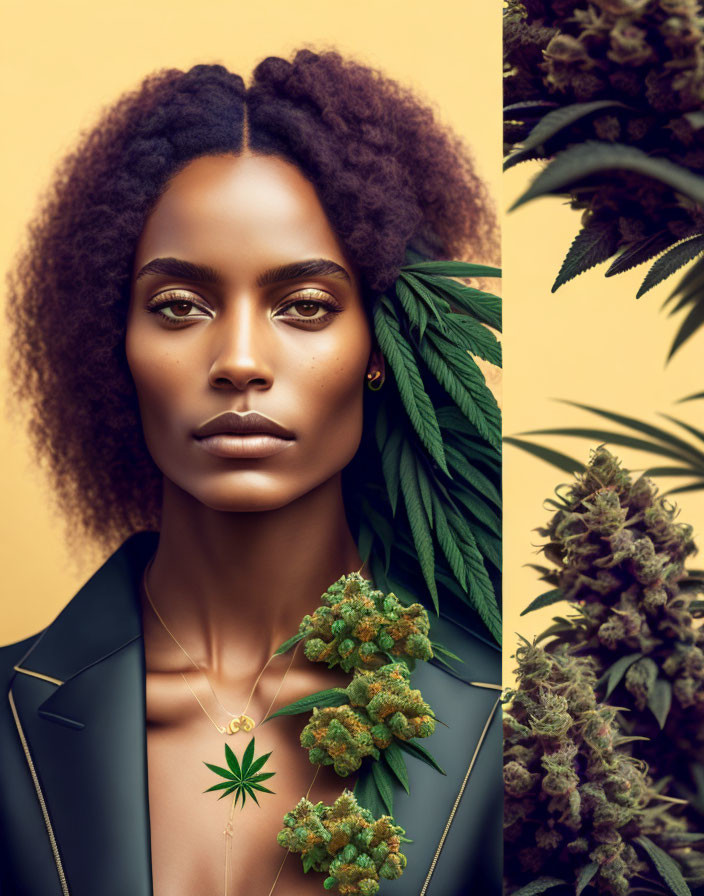 Woman with Afro Hair and Cannabis Leaves on Yellow Background with Cannabis Buds