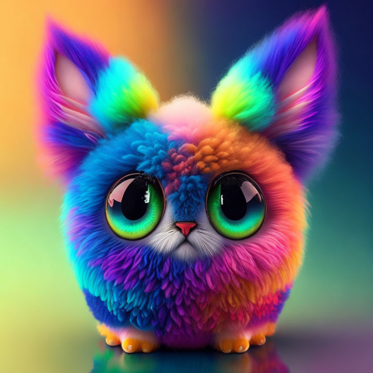 Multicolored Fluffy Creature with Green Eyes and Pointed Ears