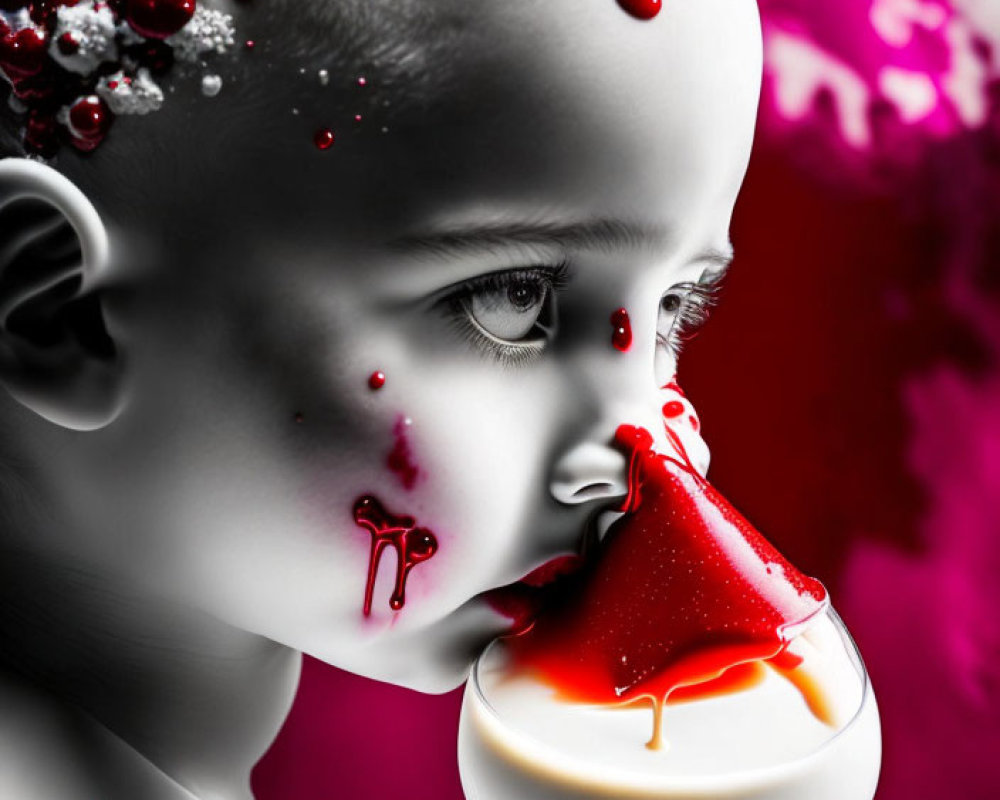 Child with red paint droplets and object on grayscale background