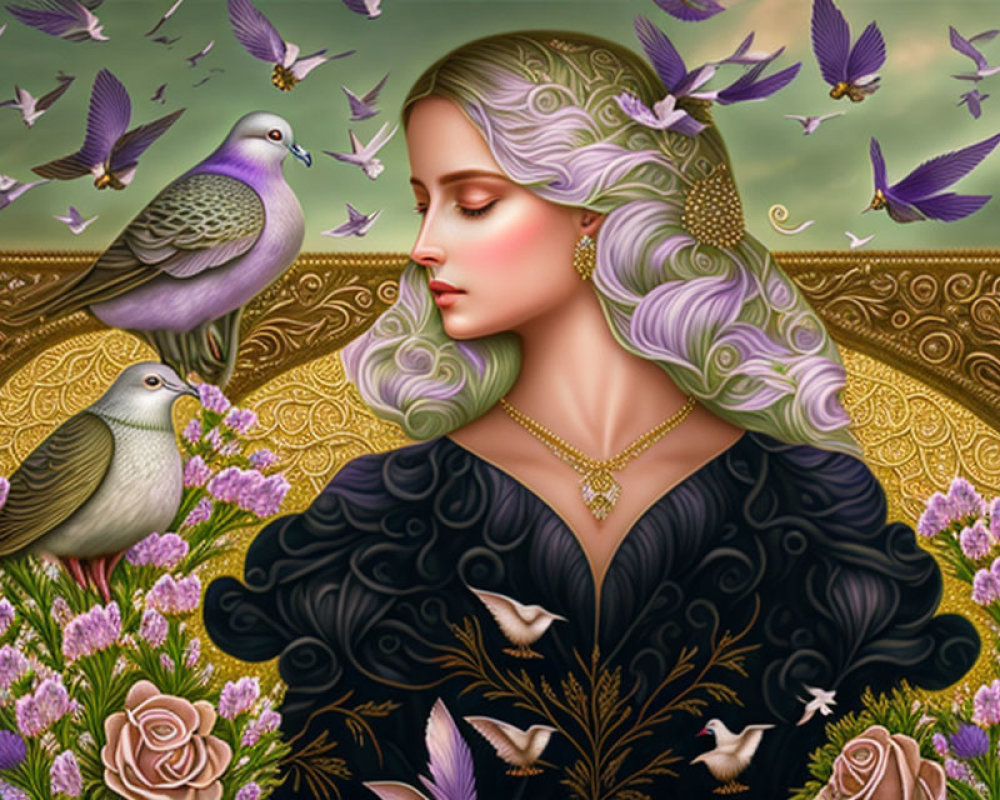 Illustrated woman with flowing hair in nature scene with birds and flowers in rich purple and green tones