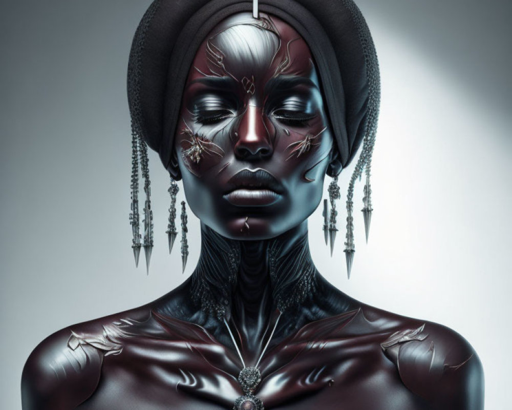 Metallic-skinned woman with white facial markings and crystal earrings in digital art.