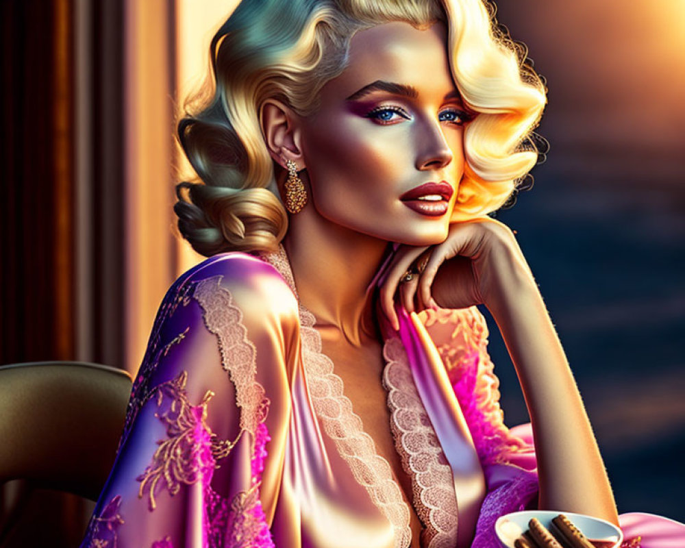 Blonde woman with striking makeup in silk robe at sunset