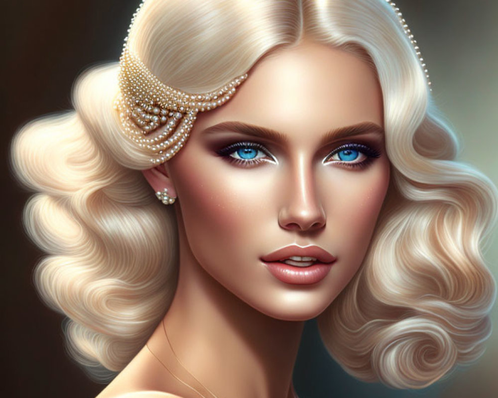 Portrait of a woman with blue eyes, pearl hair accessories, wavy blonde hair, and subtle makeup