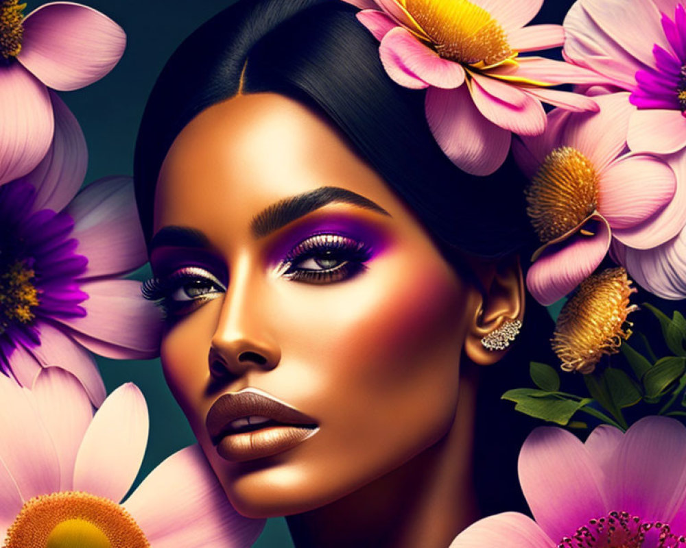 Vivid Flower Surrounding Woman with Striking Makeup