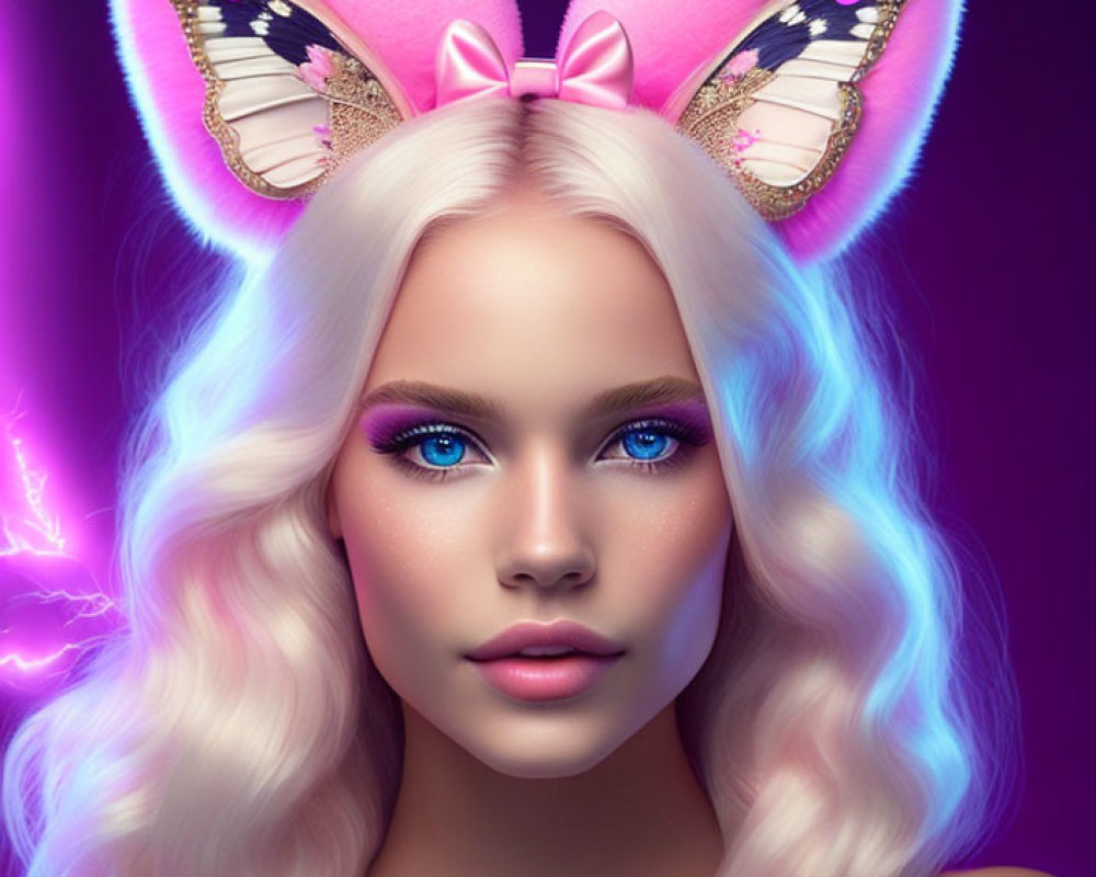 Portrait of woman with blue eyes, blonde hair, and butterfly cat ears.