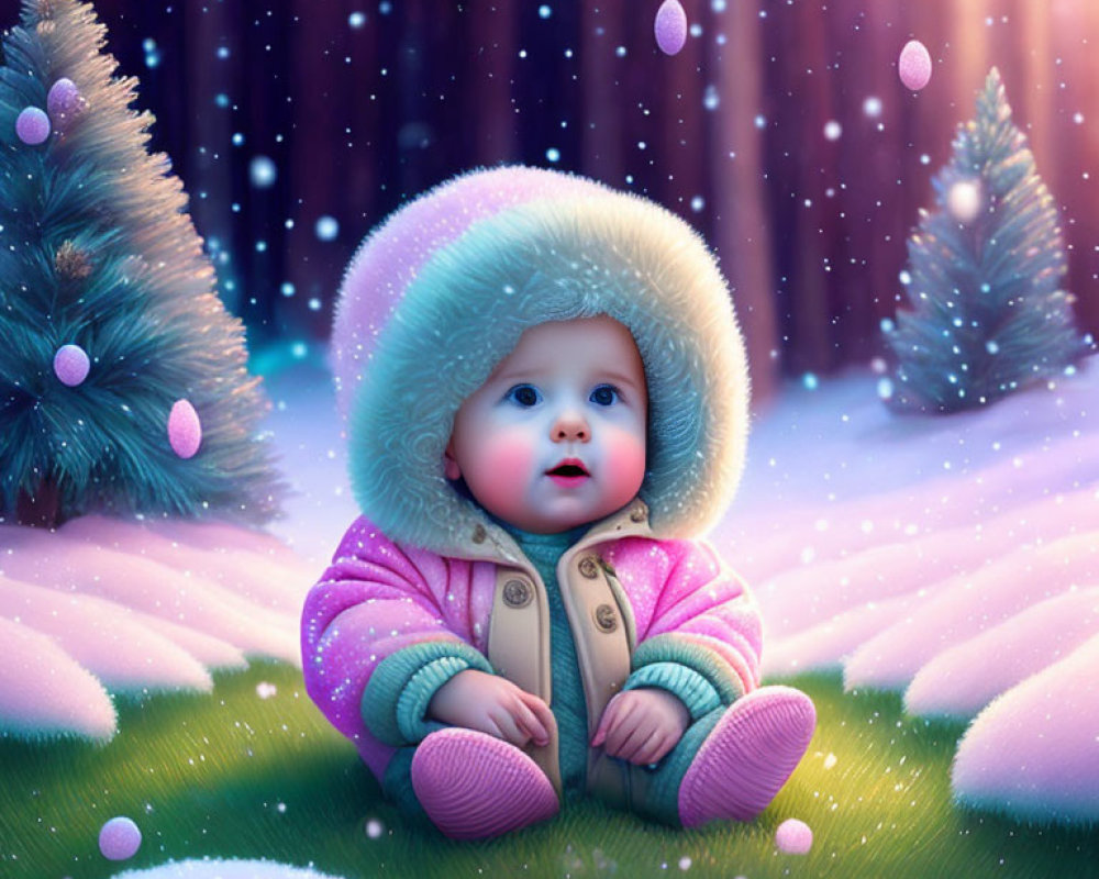 Baby in Colorful Winter Outfit Surrounded by Snowy Pine Trees