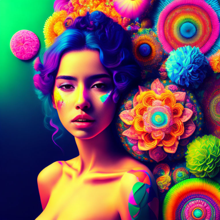 Colorful Hair Woman Portrait with Psychedelic Floral Patterns