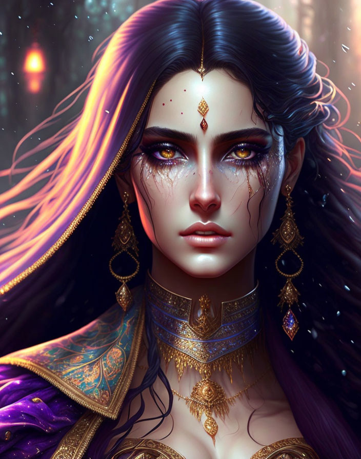 Digital portrait: Woman with long black hair, golden highlights, piercing eyes, intricate jewelry, mystical glowing