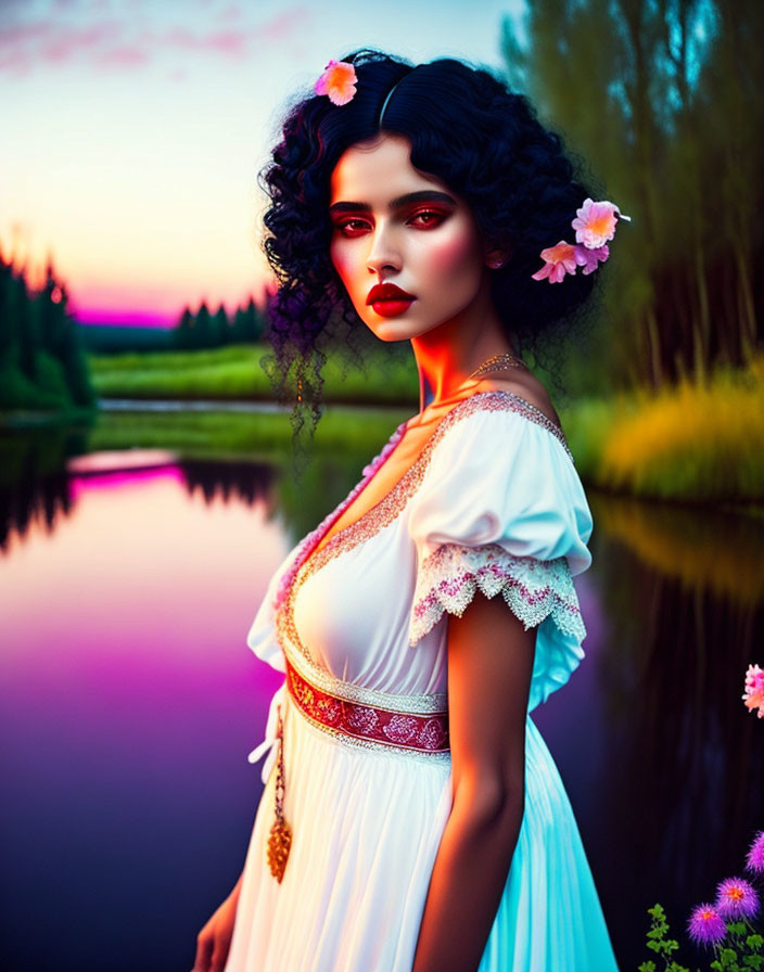 Woman with dark curly hair and pink flowers by serene lake at dusk with vibrant sunset colors reflected