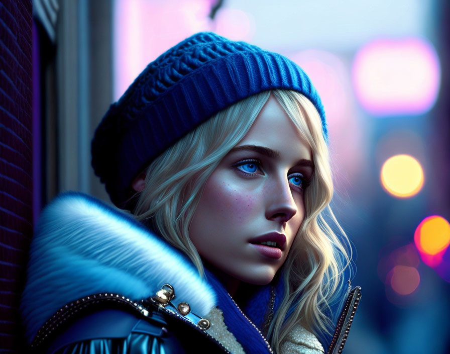 Blonde Woman in Blue Beanie and Jacket with Cityscape Background