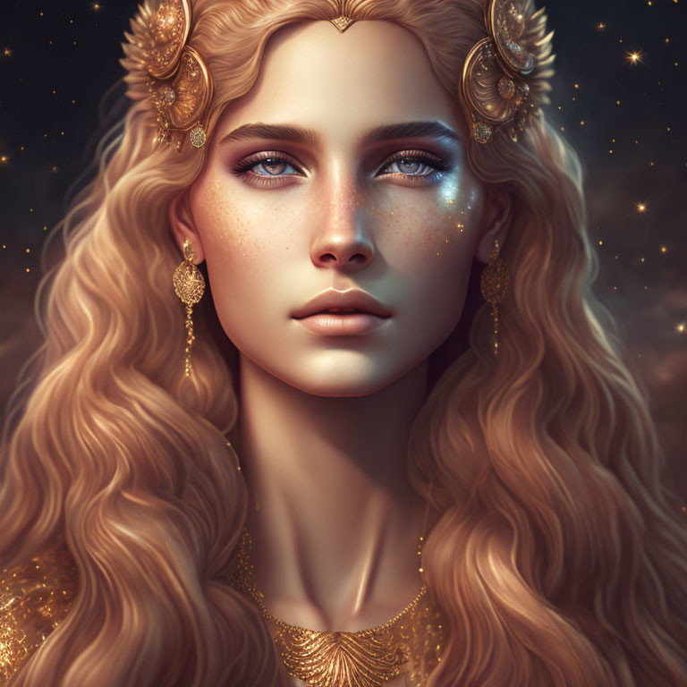 Golden-haired woman with jewelry and sparkling freckles against starry backdrop
