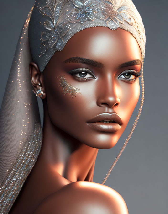 Dark-skinned woman in shimmering headpiece and veil with beading.