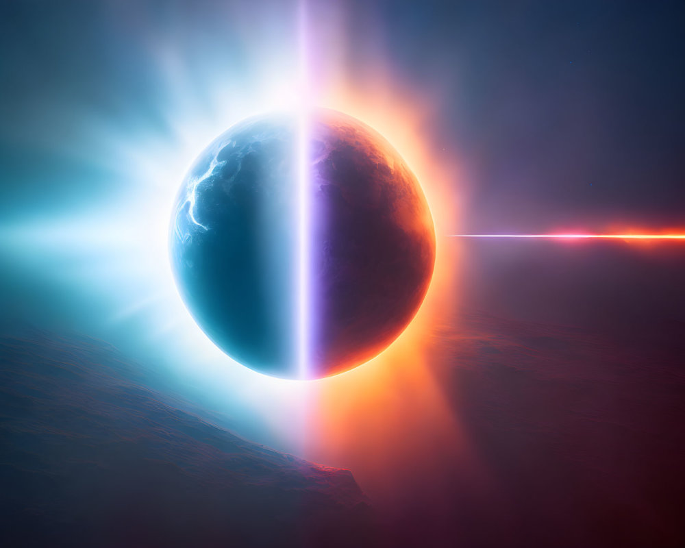 Silhouetted planet split by vibrant light beam in outer space