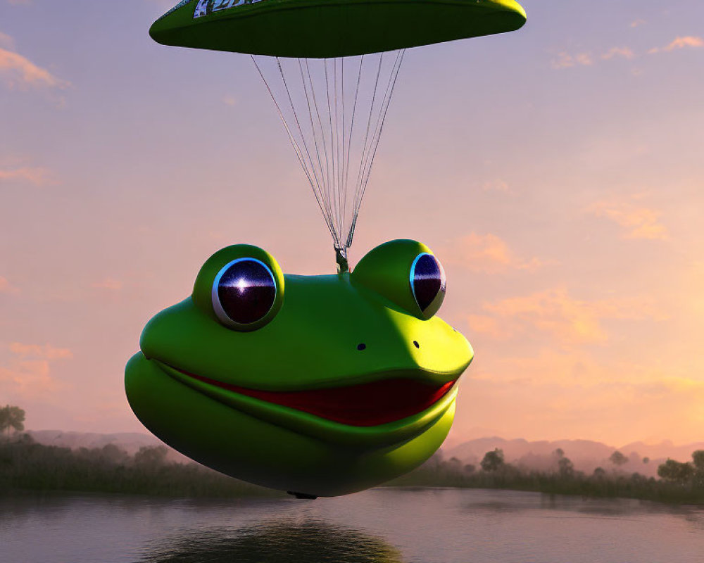 Whimsical green parachute with giant smiling frog face above water at sunset