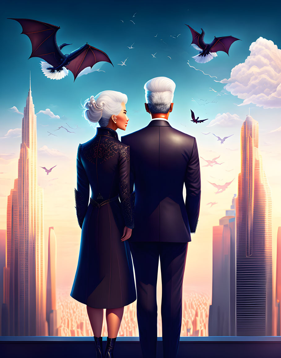 Elderly couple admires futuristic cityscape at sunset with flying creatures