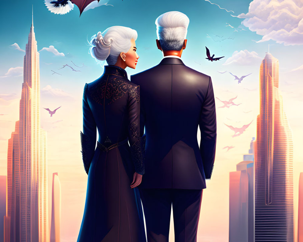 Elderly couple admires futuristic cityscape at sunset with flying creatures