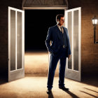 Stylish man in suit at night doorway with cityscape view