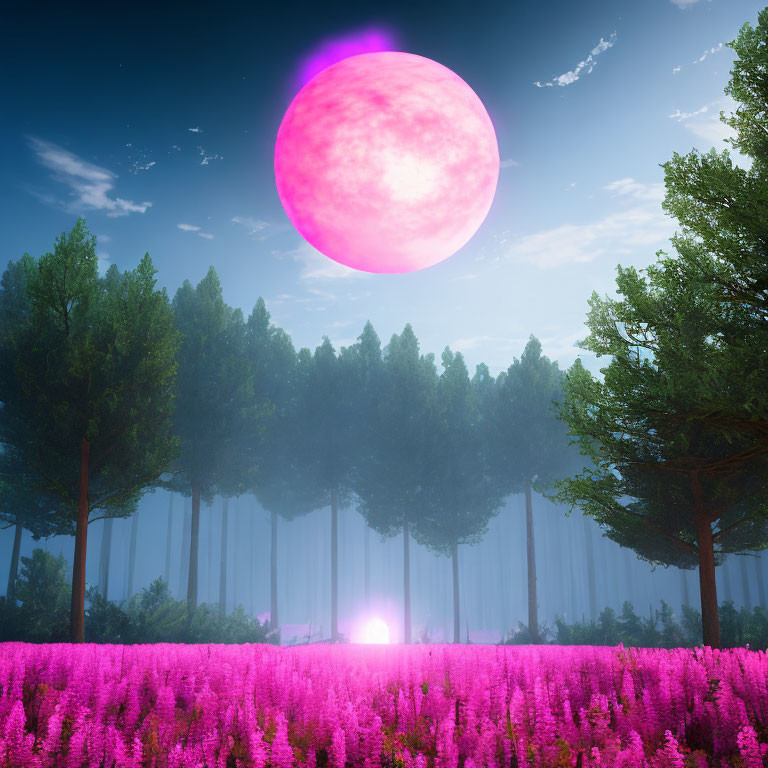 Luminous pink moon over radiant purple flowers and misty forest landscape