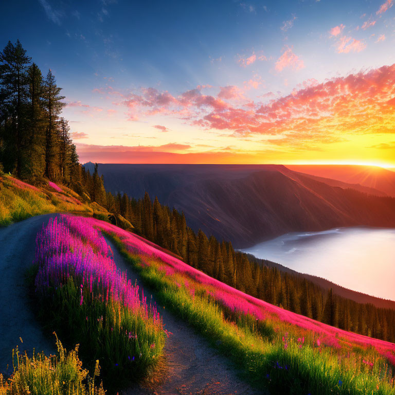 Scenic mountain road with colorful flowers and lake at sunset