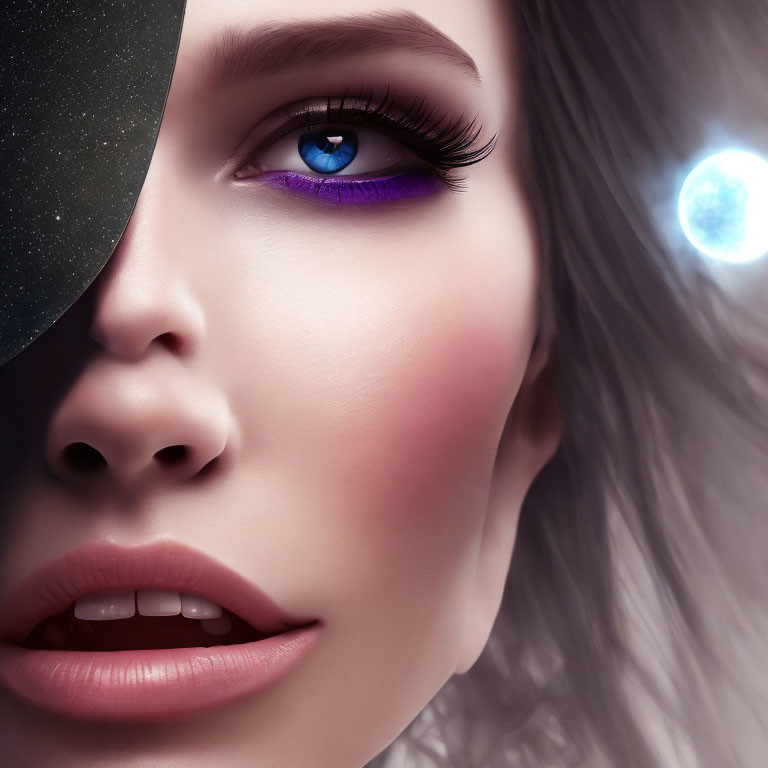 Detailed close-up of woman with striking blue eyes, purple eyeshadow, and black eye accessory