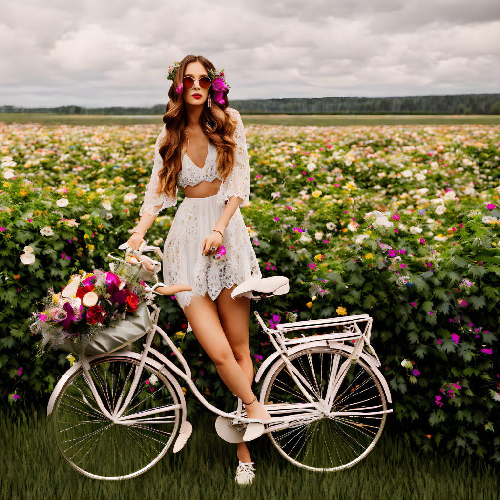 Fashionable woman in white outfit with bike in vibrant flower field