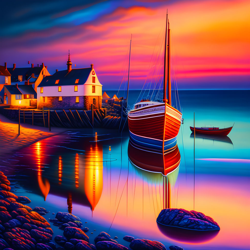 Colorful sunset seaside village with boats and illuminated houses
