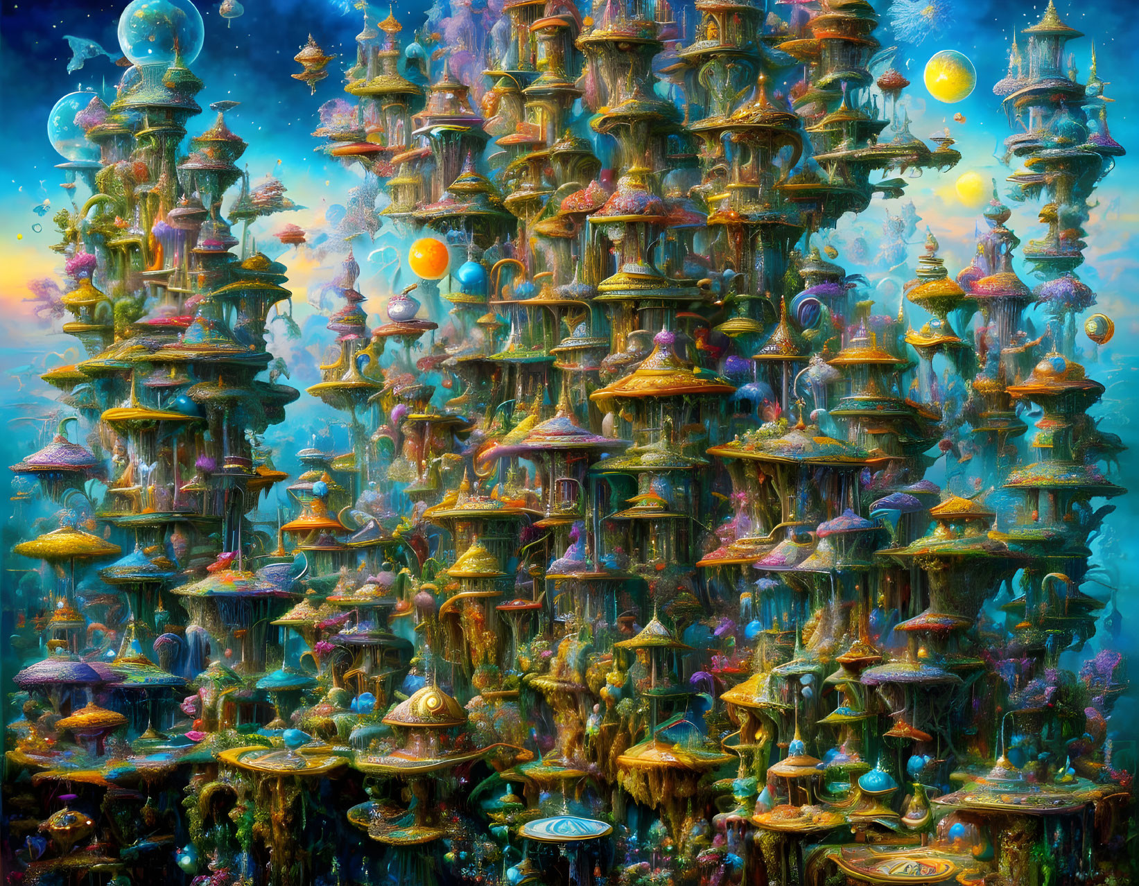 Fantastical cityscape with mushroom-like towers in a starry cosmos
