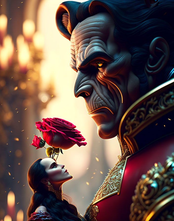 CGI image: Regal beast holding red rose from woman in gown, soft-focus palace.
