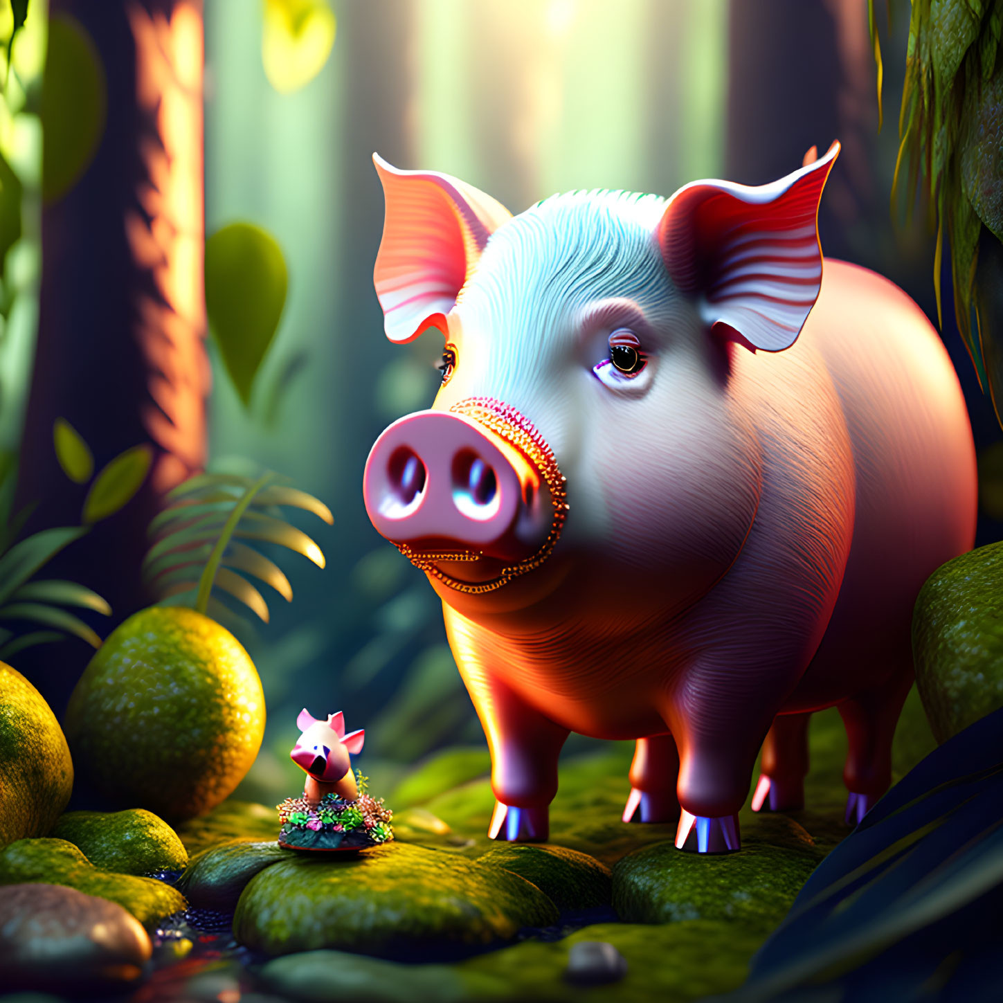 Stylized adult pig and piglet in sunlit forest landscape
