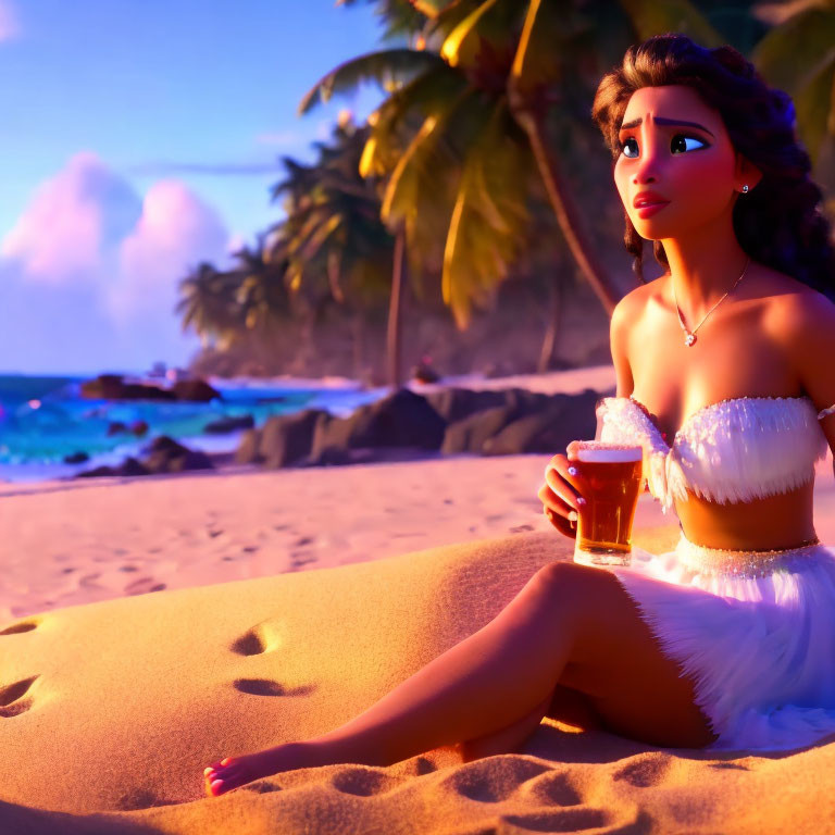 Animated character on beach at sunset with drink, palm trees, ocean