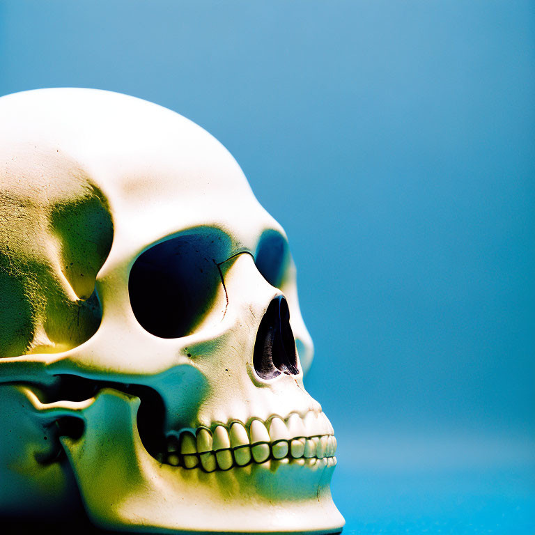 Detailed human skull replica on blue background, showcasing jaw and teeth.