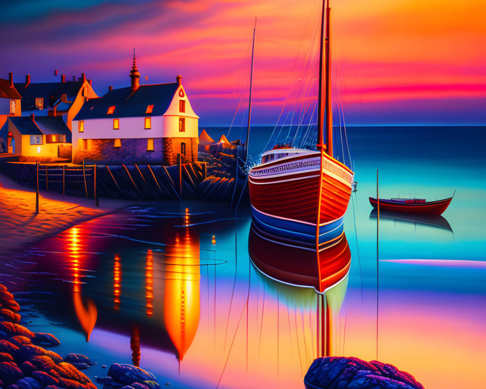 Colorful sunset seaside village with boats and illuminated houses