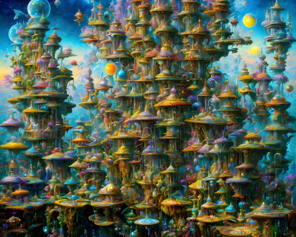 Fantastical cityscape with mushroom-like towers in a starry cosmos