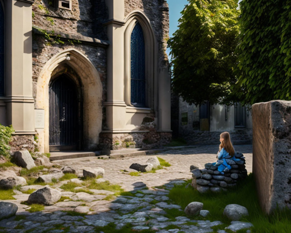 Young girl in blue dress at old church with gothic arches