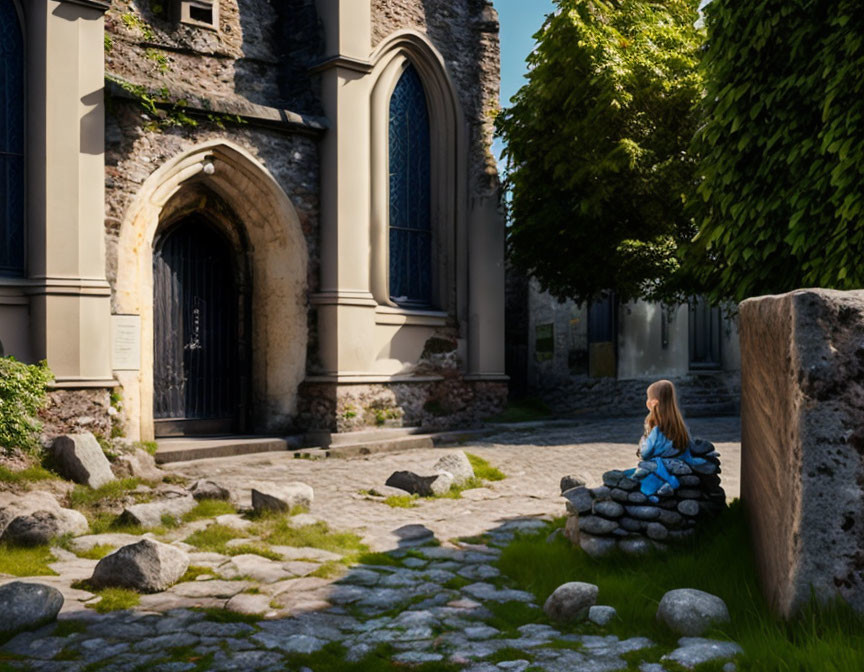 Young girl in blue dress at old church with gothic arches