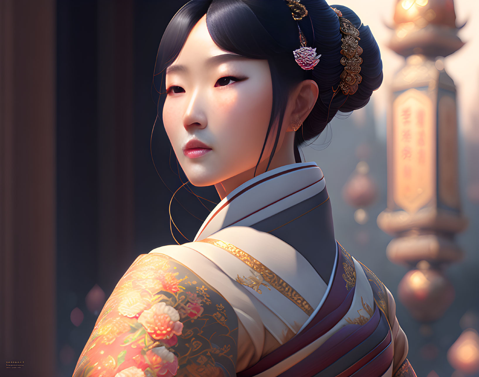 Digital portrait of woman in East Asian attire with gold designs, in warm light with temple lanterns