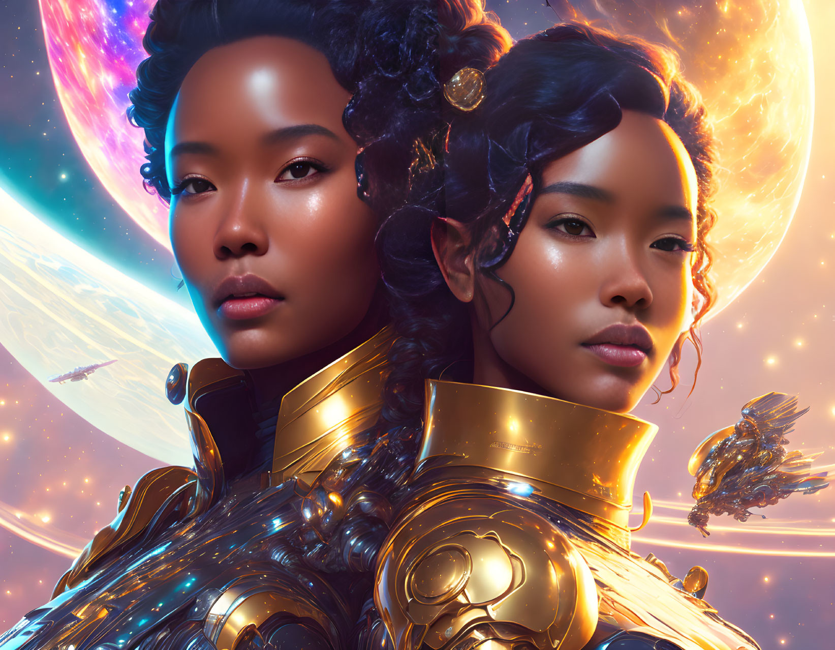 Two women in golden futuristic armor against cosmic backdrop.