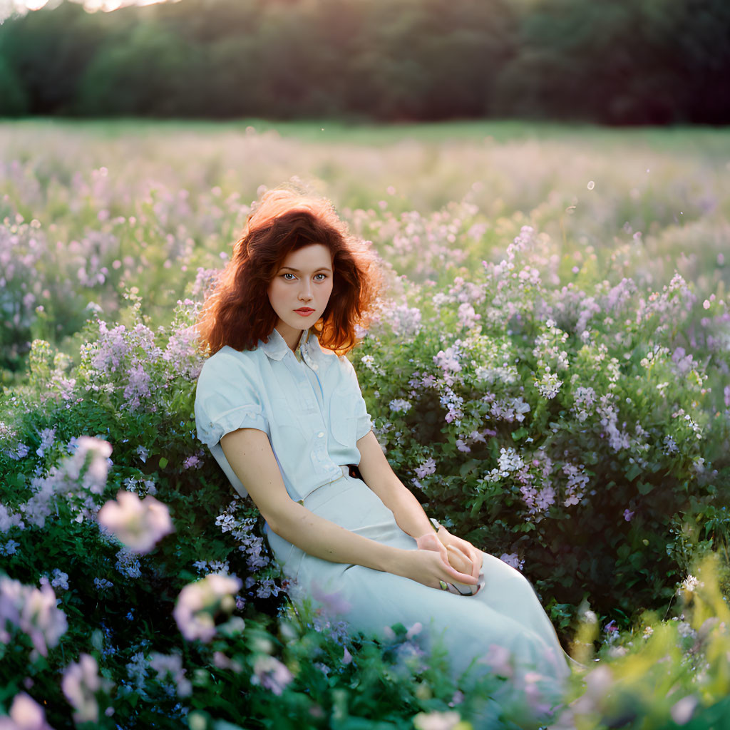 Curly Red-Haired Woman in White Blouse Sitting in Field of Purple Flowers