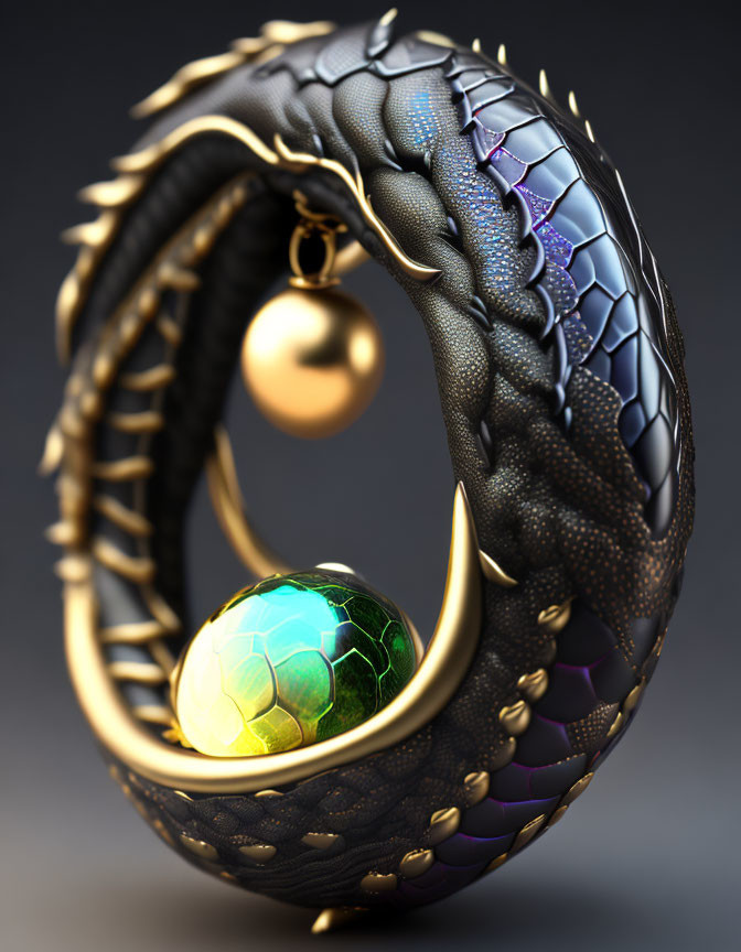 Ornate black and gold dragon with golden orb and iridescent sphere