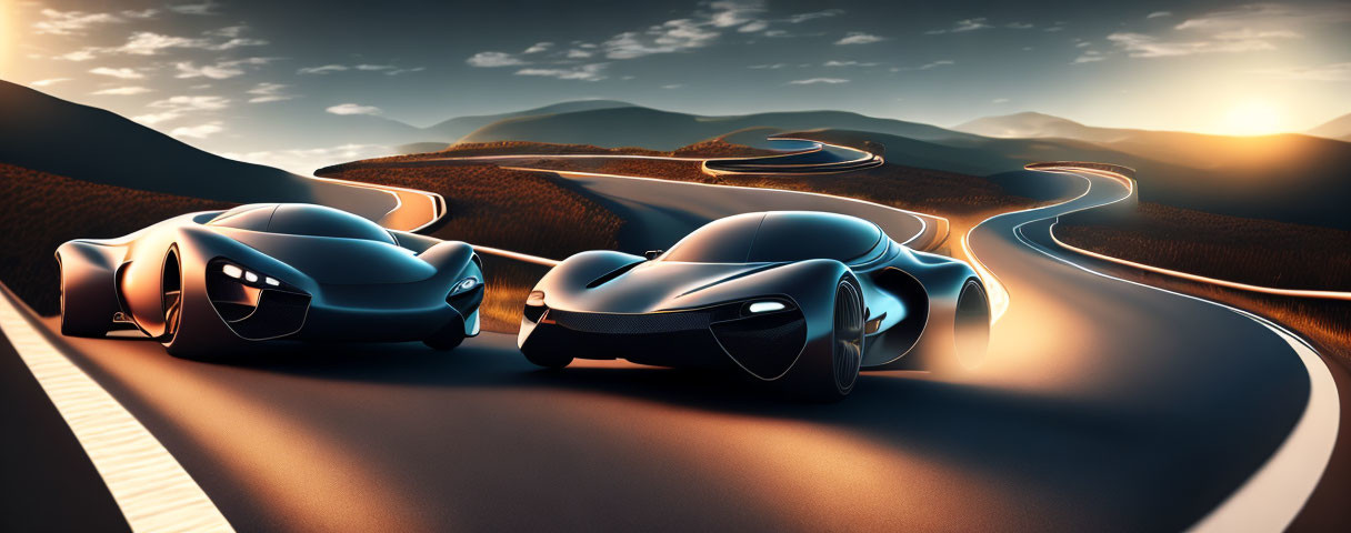 Three futuristic cars on serpentine road among rolling hills at sunset